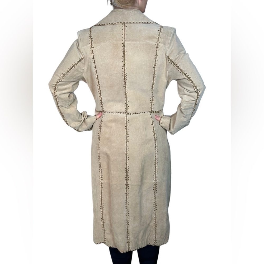 60’s SUEDE PATCHWORK Stylish Beige Women's Trench Coat like new beautiful Size L - Picture 2 of 13